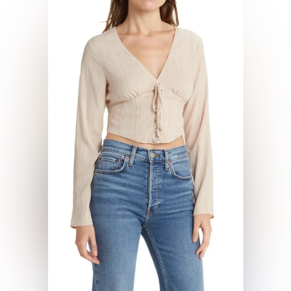 ELODIE Cropped Corset Top Long Sleeve Lace Up Cream Shirt Boho Festival Medium‎